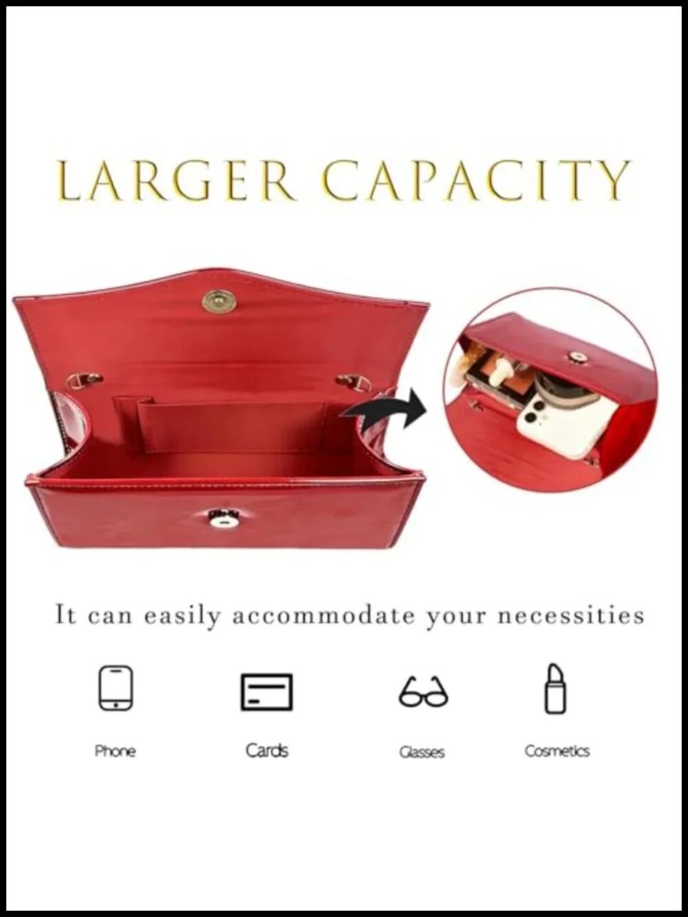 Patent Leather Evening Clutch Magnetic Closure Removable Chain Strap
